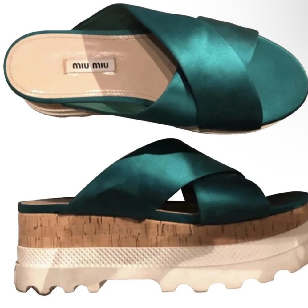 Miu Miu women’s Teal criss cross satin platform sandals size 40